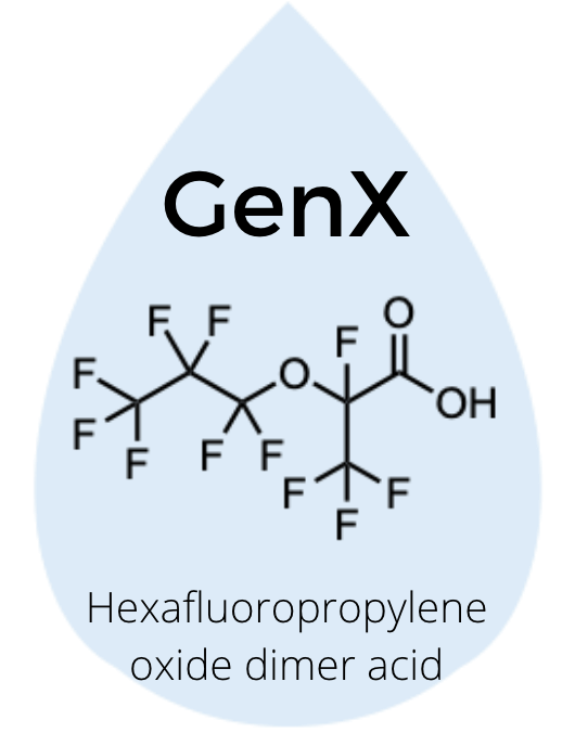 Rain drop containing GenX chemical structure and chemical name of hexafluoropropylene oxide dimer acid